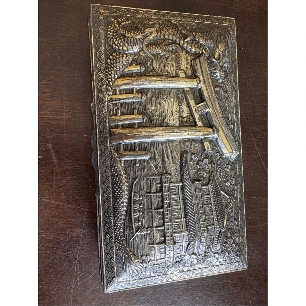 Ornate Embossed Metal Trinket Box in Aged Silver Tone